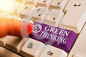 Text sign showing Green Thinking. Conceptual photo Taking ction to make environmental responsibility a reality