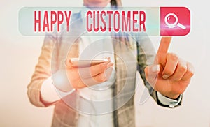 Text sign showing Happy Customer. Conceptual photo feeling of fulfillment that customers derive from from a firm