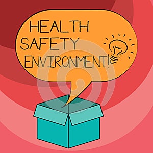 Text sign showing Health Safety Environment. Conceptual photo Environmental protection and safety at work Idea icon Inside Blank