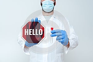 Text sign showing Hello. Business idea used as a greeting or to begin a telephone conversation Greet someone Doctor