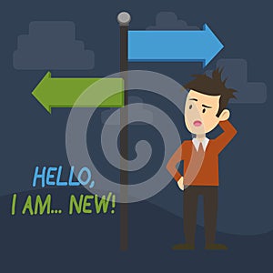 Text sign showing Hello I Am New. Conceptual photo used greeting or begin telephone conversation Man Confused with the