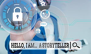 Text sign showing Hello I Am A Storyteller. Conceptual photo introducing yourself as novels article writer Male human