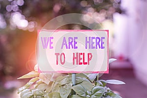 Text sign showing We Are Here To Help. Conceptual photo Someone who is always ready to Assist Support Give Plain empty