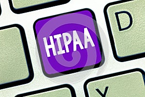 Text sign showing Hipaa. Conceptual photo Acronym stands for Health Insurance Portability Accountability