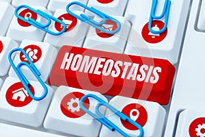 Text sign showing Homeostasis. Conceptual photo the tendency toward a equilibrium between interdependent elements