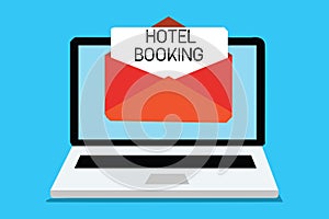 Text sign showing Hotel Booking. Conceptual photo Online Reservations Presidential Suite De Luxe Hospitality Computer photo