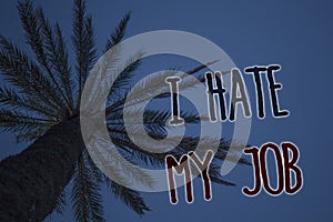 Text sign showing I Hate My Job. Conceptual photo Hating your position Disliking your company Bad career Tree palm sky blue natura