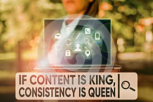 Text sign showing If Content Is King Consistency Is Queen. Conceptual photo Marketing strategies Persuasion.
