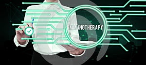 Text sign showing Immunotherapy. Business concept treatment or prevention of disease that involves enhancement of immune