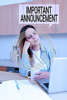 Text sign showing Important Announcement. Concept meaning spoken statement that tells showing about something Searching