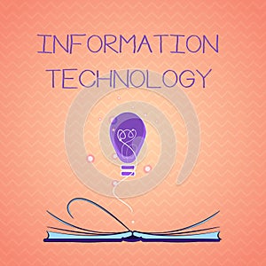 Text sign showing Information Technology. Conceptual photo use Systems to Store Retrieve Transmit Send Data