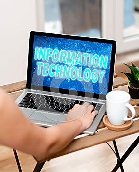 Text sign showing Information Technology. Word for use Systems to Store Retrieve Transmit Send Data Hand Busy Typing On