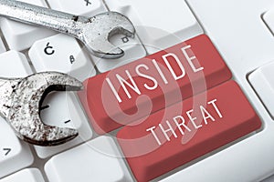 Text sign showing Inside Threat. Concept meaning Information that only an insider would have Real information