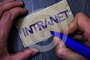 Text sign showing Intranet. Conceptual photo Private network of a company Interlinked local area networks Man working holding blue