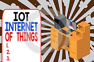 Text sign showing Iot Internet Of Things. Conceptual photo Network of Physical Devices send and receive Data Working desktop