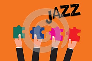 Text sign showing Jazz. Conceptual photo Forceful rhythm Using brass and woodwind instruments to play the music