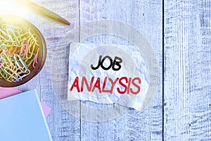 Text sign showing Job Analysis. Conceptual photo process used to collect information about the scope and duties Wrinkle paper and