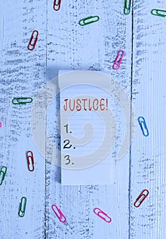 Text sign showing Justice. Conceptual photo impartial adjustment of conflicting claims or assignments Stripped ruled
