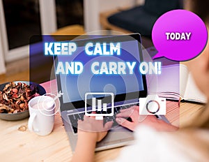 Text sign showing Keep Calm And Carry On. Conceptual photo slogan calling for persistence face of challenge woman icons