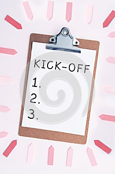 Text sign showing Kick Off. Word for start or resumption of football match in which player kicks ball