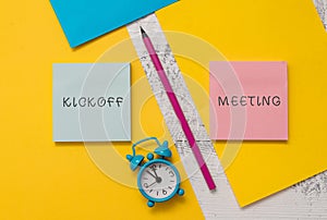Text sign showing Kickoff Meeting. Conceptual photo Special discussion on the legalities involved in the project