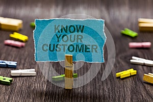 Text sign showing Know Your Customer. Conceptual photo Marketing creating a poll improve product or brand Clips symbol idea script