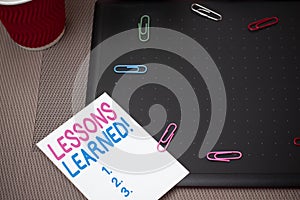 Text sign showing Lessons Learned. Conceptual photo experiences distilled project that should actively taken Scissors