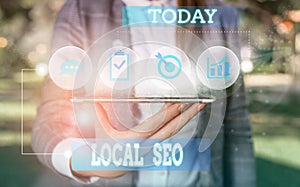 Text sign showing Local Seo. Conceptual photo This is an effective way of marketing your business online Female human