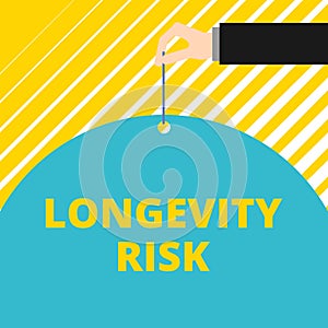 Text sign showing Longevity Risk. Conceptual photo Potential threat due to increasing lifespan of pensioners Man hand