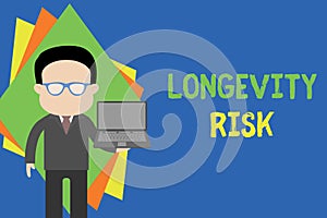 Text sign showing Longevity Risk. Conceptual photo Potential threat due to increasing lifespan of pensioners Standing