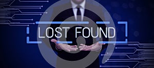 Text sign showing Lost Found. Business idea Things that are left behind and may retrieve to the owner