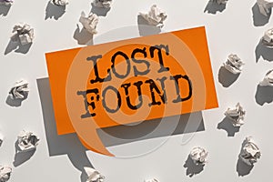 Text sign showing Lost Found. Word Written on Things that are left behind and may retrieve to the owner