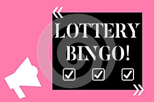 Text sign showing Lottery Bingo. Conceptual photo game of chance in which each player matches numbers printed Isolated