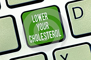 Text sign showing Lower Your Cholesterol. Conceptual photo Reduce the intake of fatty foods Do regular exercise