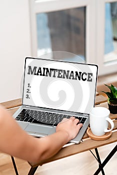 Text sign showing Maintenance. Business showcase method of preserving or maintaining someone or something Online Jobs