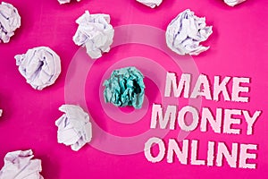 Text sign showing Make Money Online. Conceptual photo Business Ecommerce Ebusiness Innovation Web Technology Text Words pink backg photo