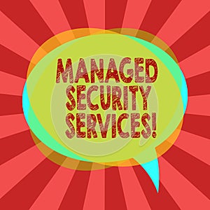 Text sign showing Managed Security Services. Conceptual photo approach in analysisaging clients security needs Blank Speech Bubble