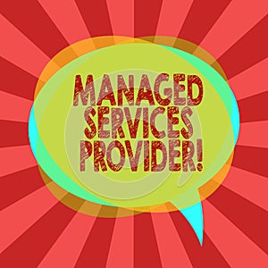 Text sign showing Managed Services Provider. Conceptual photo IT service company that offers service to end user Blank Speech
