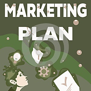 Text sign showing Marketing Plan. Internet Concept overall business strategy formed which they will implement
