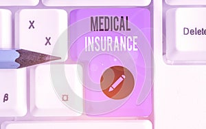Text sign showing Medical Insurance. Conceptual photo reimburse the insured for expenses incurred from illness