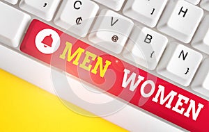 Text sign showing Men Women. Conceptual photo The state where in a boy or a girl turns to be a mature adult White pc