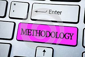 Text sign showing Methodology. Conceptual photo System of Methods used in a study or activity Steps to follow written on Pink Key