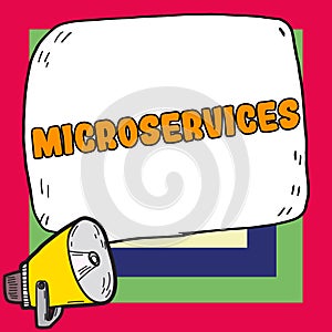 Conceptual caption Microservices. Business overview Software development technique Building single function module