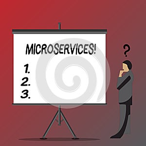 Text sign showing Microservices. Conceptual photo Software development technique Decomposing an application Businessman