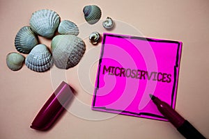 Text sign showing Microservices. Conceptual photo Software development technique Decomposing an application Ink marker open cap sm