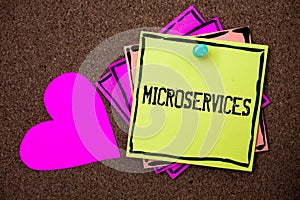 Text sign showing Microservices. Conceptual photo Software development technique Decomposing an application Multi colour small sti