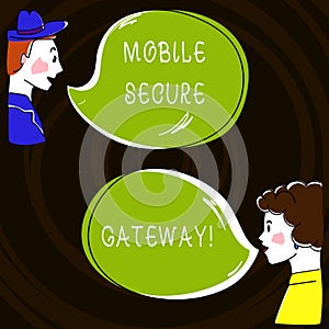 Text sign showing Mobile Secure Gateway. Conceptual photo Securing devices from phishing or malicious attack Hand Drawn Man and Wo