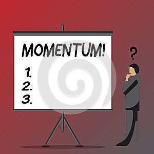 Text sign showing Momentum. Conceptual photo Quantity motion in moving body Product of mass and velocity Businessman