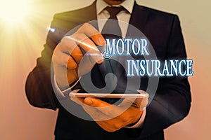 Text sign showing Motor Insurance. Conceptual photo Provides financial compensation to cover any injuries