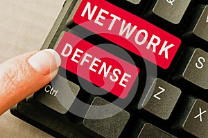 Text sign showing Network Defense. Concept meaning easures to protect and defend information from disruption